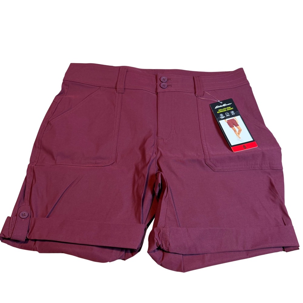 Eddie Bauer Women Rolled Hem Bermuda Shorts Red Stretch UPF 50 Size 8 NWT